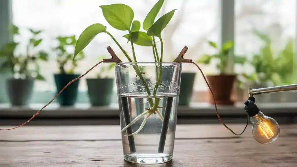 Ein Wasserglas mit einem Pflanzenschnitt darin ist mit Drähten an zwei Stäben im Glas befestigt, die mit einer leuchtenden Glühbirne verbunden sind, mit Topfpflanzen und einem Fenster im Hintergrund.