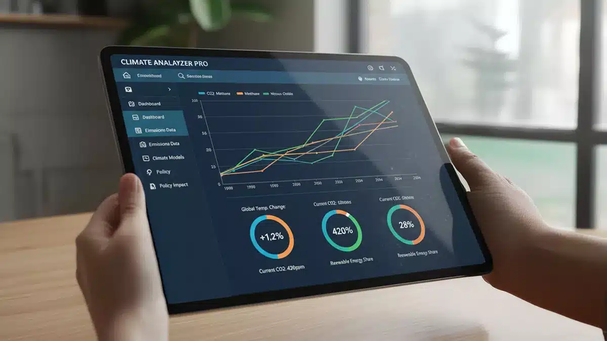 Eine Person hält ein Tablet in der Hand, auf dem die Klimaanalysesoftware von Green Tech mit verschiedenen Liniendiagrammen und Kreisdiagrammen angezeigt wird, die die globalen Temperaturveränderungen, CO2-Emissionen und Statistiken zu erneuerbaren Energien darstellen.