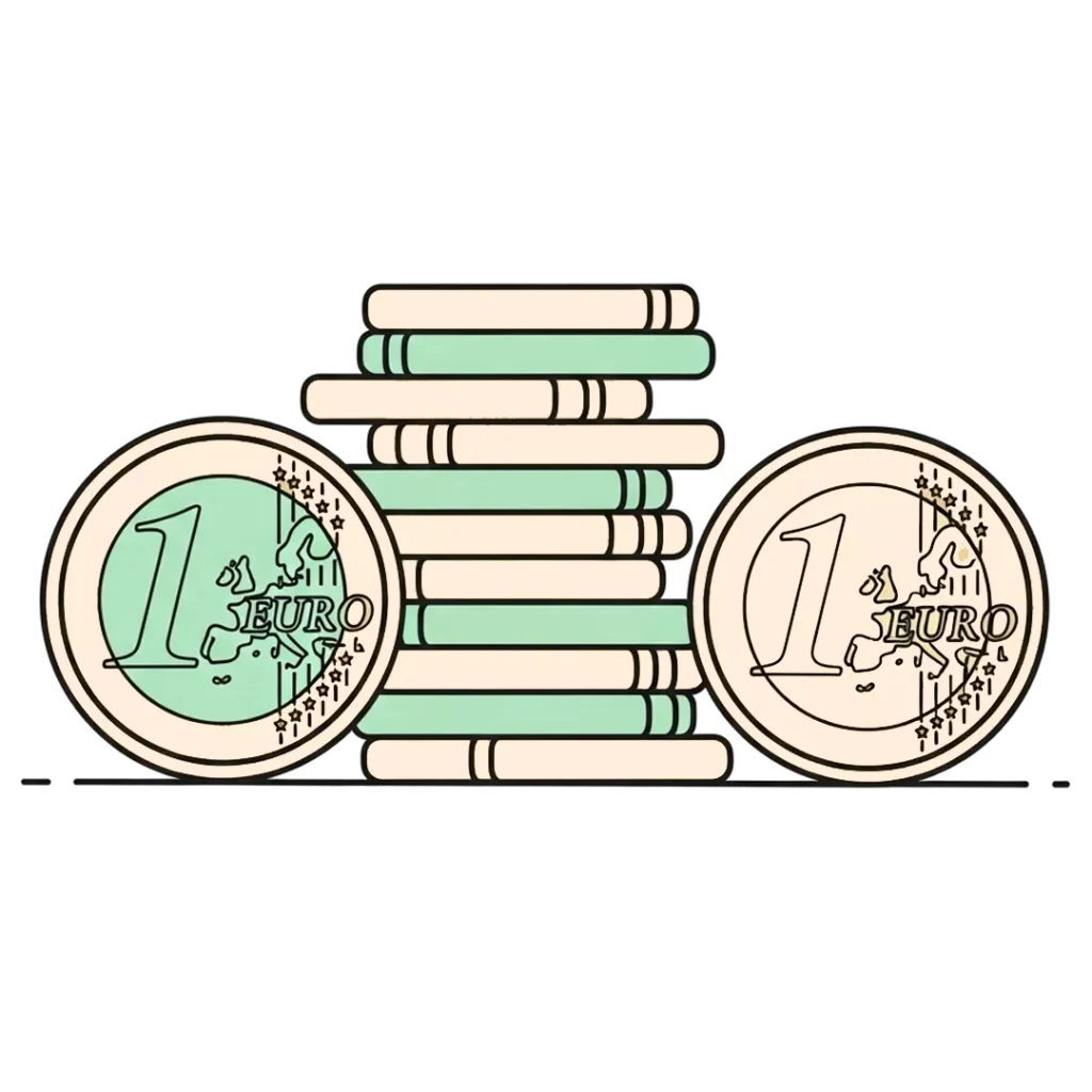 Illustration von zwei Ein-Euro-Münzen vor einem Stapel von Büchern, die nachhaltig Geld anlegen symbolisieren. Die Münzen sind auf beiden Seiten der Bücher positioniert, mit einer weichen grünen und beigen Farbpalette.