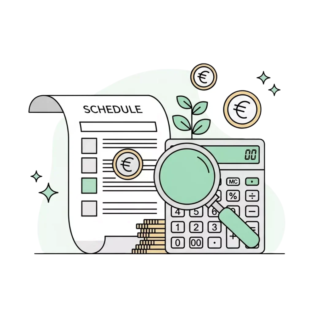 Illustration eines Zeitplans, eines Taschenrechners mit Lupe, gestapelten Münzen und Euro-Symbolen, die für Finanzplanung oder nachhaltiges Geld anlegen stehen.