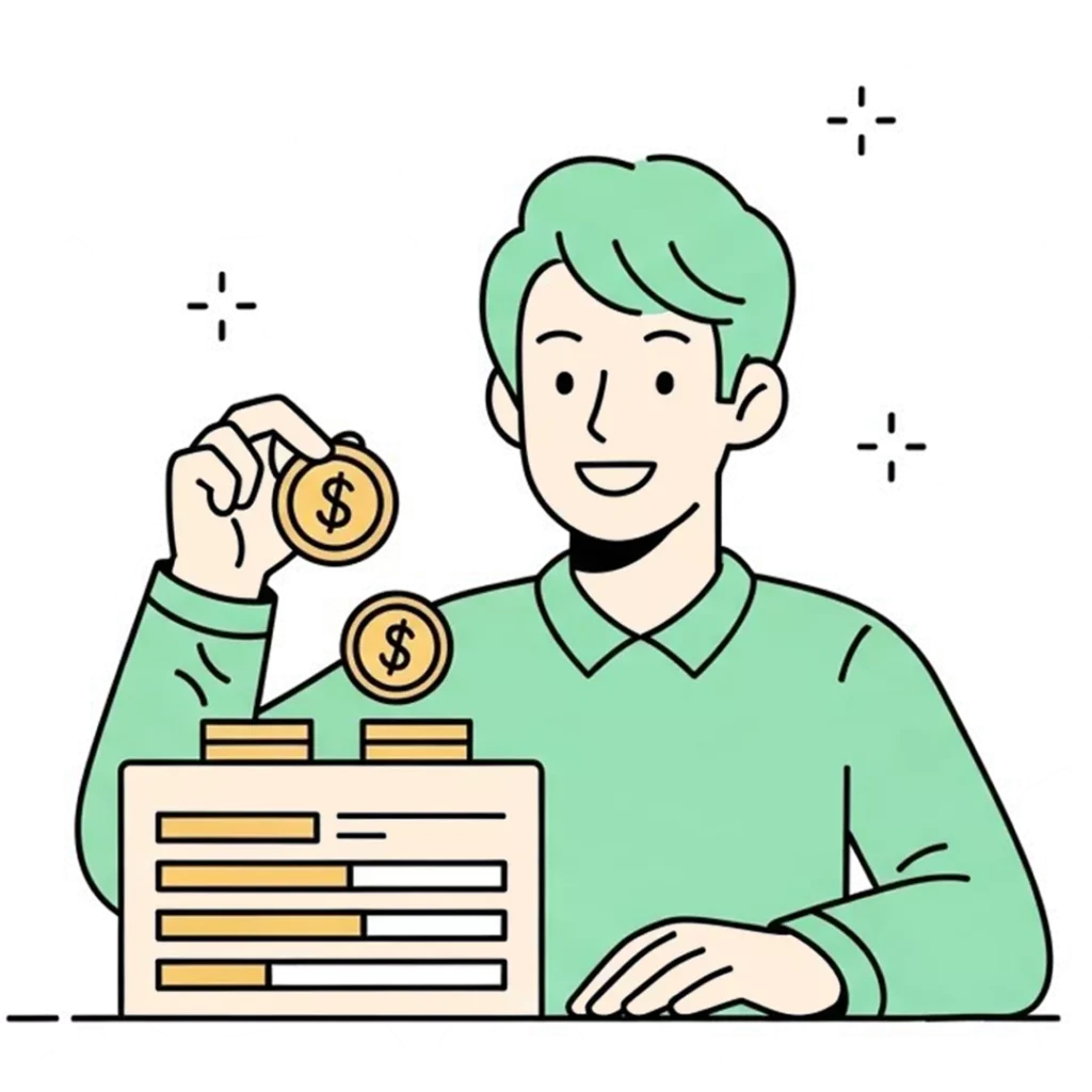 Illustration einer lächelnden Person, die Goldmünzen mit Dollarzeichen in eine Schachtel legt, was für nachhaltiges Geld anlegen steht, auch für Sparen oder Geld investieren. Die Person trägt ein grünes Hemd und hat hellgrünes Haar.