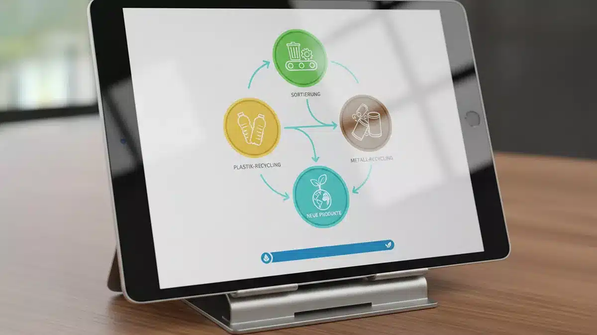Ein Tablet auf einem Ständer zeigt ein Diagramm des Recyclingprozesses mit Symbolen für Sortierung, Metallrecycling, Kunststoffrecycling und neue Produkte, die in einem kreisförmigen Fluss angeordnet sind - mit der Hervorhebung von Investition in grüne Technologie - auf einem weißen Bildschirm.