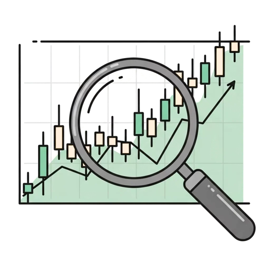 Ein Vergrößerungsglas, das einen Candlestick-Chart mit Aufwärtstrend zeigt, symbolisiert technische Analyse oder nachhaltiges Geld anlegen im Finanzmarkt.