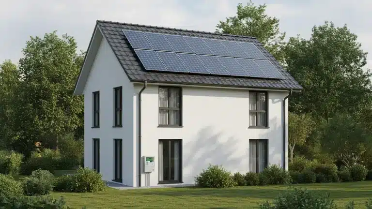 Ein modernes weißes zweistöckiges Haus mit großen Fenstern und Sonnenkollektoren auf dem Dach, umgeben von grünem Gras, Büschen und Bäumen an einem sonnigen Tag.