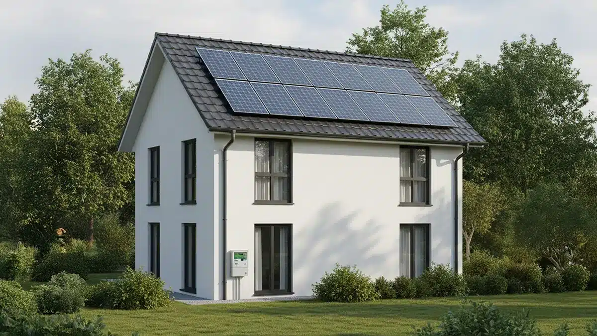 Ein modernes weißes zweistöckiges Haus mit großen Fenstern und Sonnenkollektoren auf dem Dach, umgeben von grünem Gras, Büschen und Bäumen an einem sonnigen Tag.