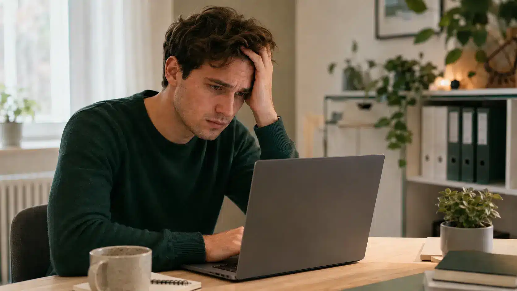 Ein Mann sitzt an einem Schreibtisch, die Hand am Kopf, und sieht besorgt aus, während er an einem Laptop arbeitet – vielleicht, weil er auf typische ETF-Anfängerfehler gestoßen ist. Auf dem Schreibtisch und in den Regalen im Hintergrund stehen Pflanzen, eine Tasse und Büromaterial.