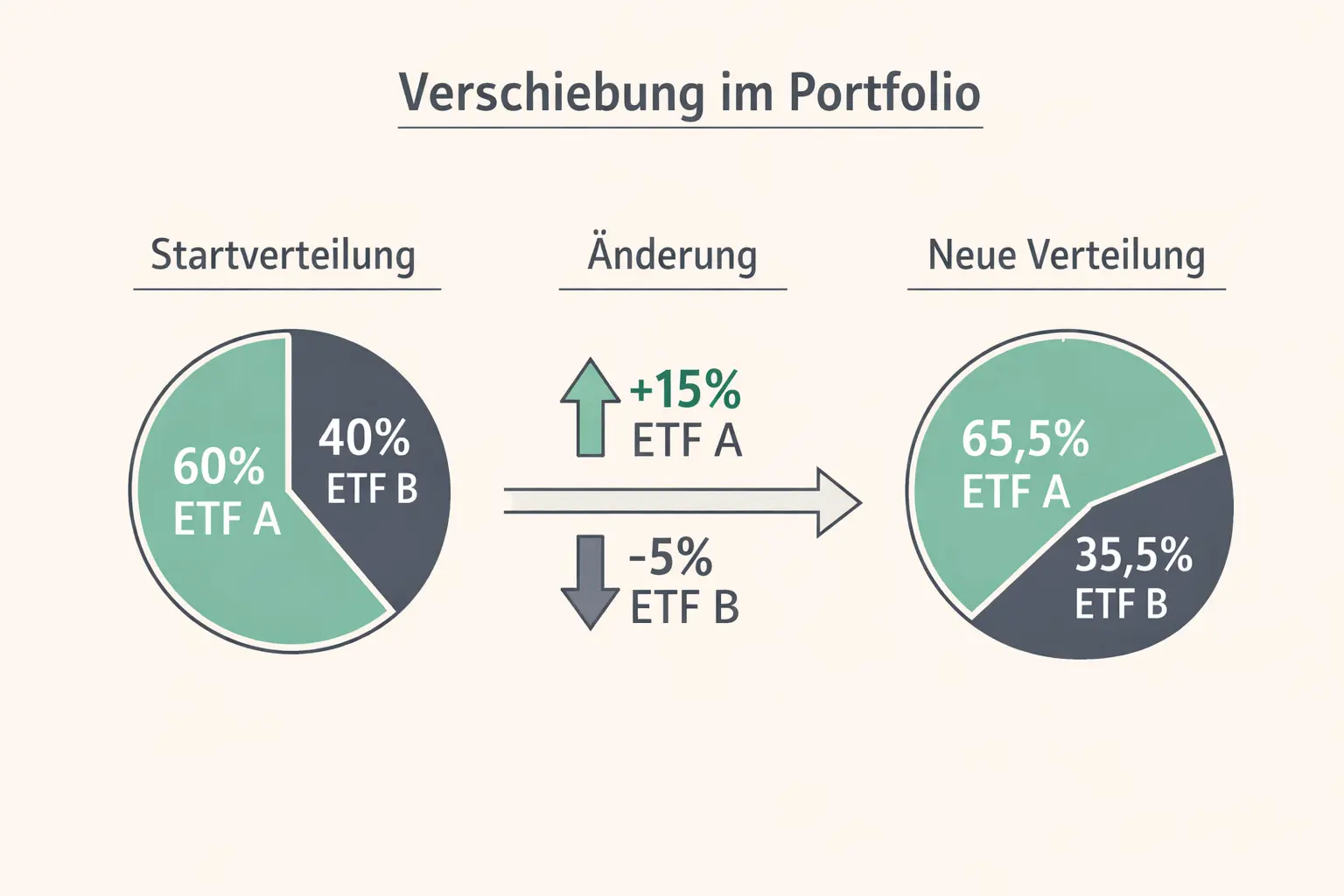 Infografik zum ETF-Rebalancing: Beginnen Sie mit 60 % ETF B und 40 % ETF A. Nehmen Sie eine Umschichtung vor, indem Sie ETF A um 15 % erhöhen und ETF B um 5 % verringern. Die neue Aufteilung ist 65,5% ETF A, 35,5% ETF B.