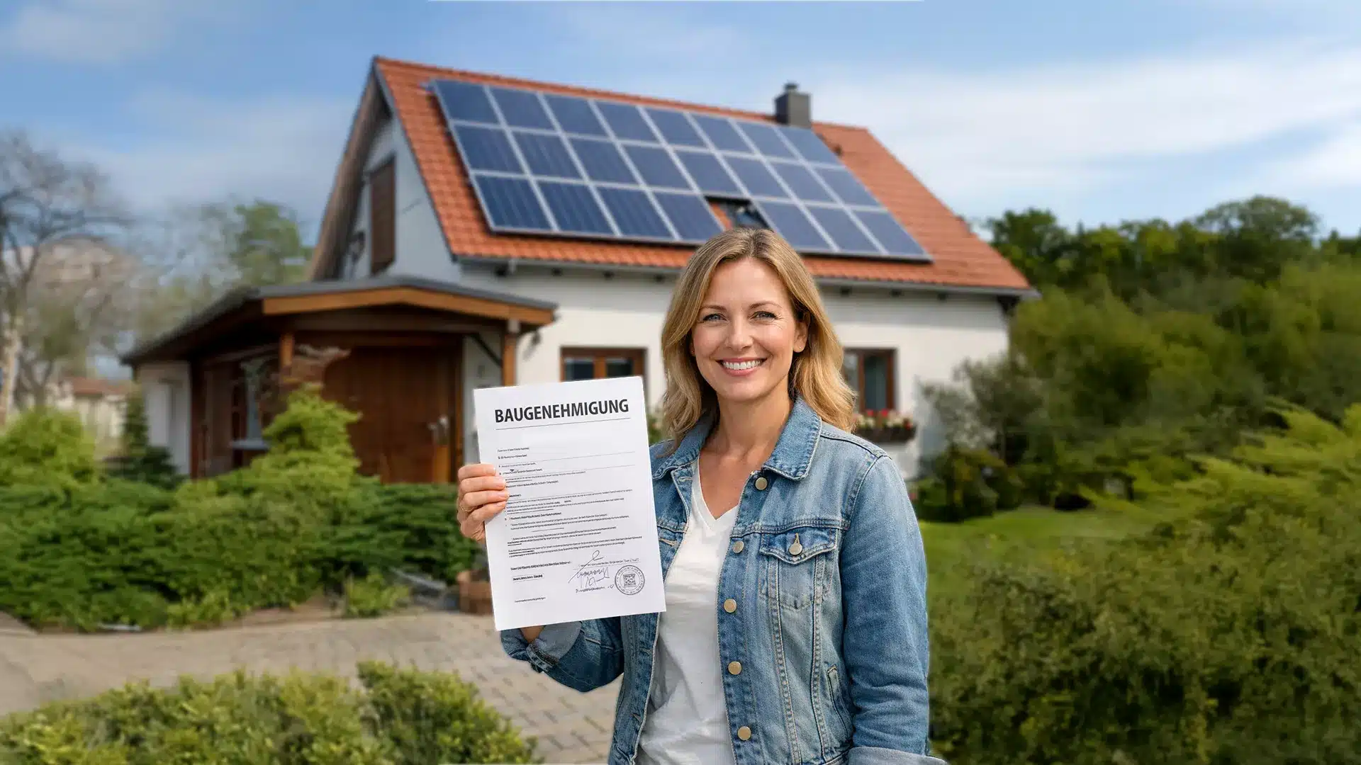 Eine lächelnde Frau steht vor einem Haus mit Sonnenkollektoren auf dem Dach und hält stolz ihre Baugenehmigung für eine PV-Anlage hoch. Das Haus ist von Grün umgeben und befindet sich in einem Vorort oder einer ländlichen Gegend.