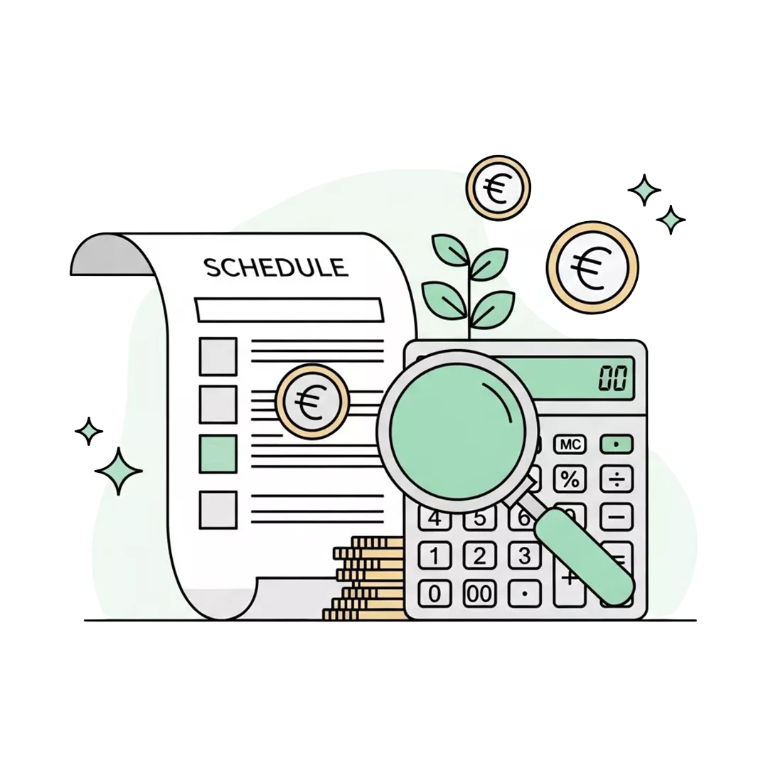 Illustration eines Finanzplans, eines Taschenrechners, einer Lupe, von Euro-Münzen und einer kleinen Pflanze, die Budgetierung, Buchhaltung oder Finanzplanung symbolisieren.
