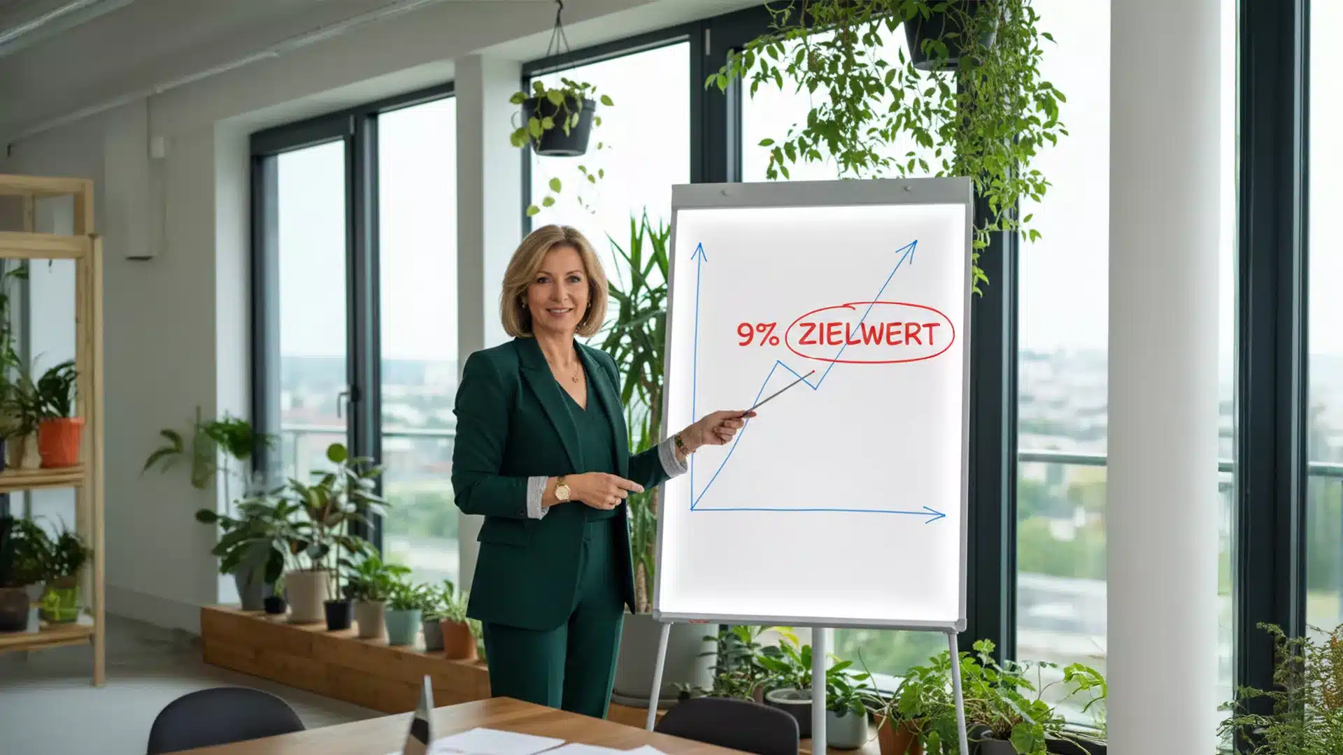 Eine Frau in einem grünen Anzug steht in einem hellen Büro voller Pflanzen und zeigt auf ein Flipchart, auf dem "97% ZIELWERT" steht und der Erfolg von Social Impact Bonds hervorgehoben wird. Sie lächelt und präsentiert selbstbewusst.