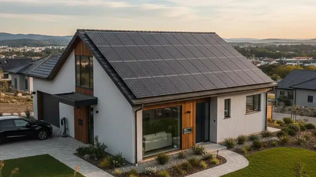 Ein modernes einstöckiges Haus mit großen Solarmodulen auf dem Dach, weißer Holzfassade und großen Fenstern - ein perfektes Beispiel für alle, die sich fragen: Wieviel Solarmodule brauche ich für 1 KW? Ein schwarzes Auto parkt bei Sonnenuntergang draußen im begrünten Hof.