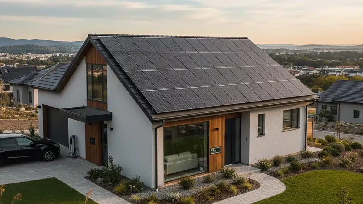 Ein modernes einstöckiges Haus mit großen Solarmodulen auf dem Dach, weißer Holzfassade und großen Fenstern - ein perfektes Beispiel für alle, die sich fragen: Wieviel Solarmodule brauche ich für 1 KW? Ein schwarzes Auto parkt bei Sonnenuntergang draußen im begrünten Hof.