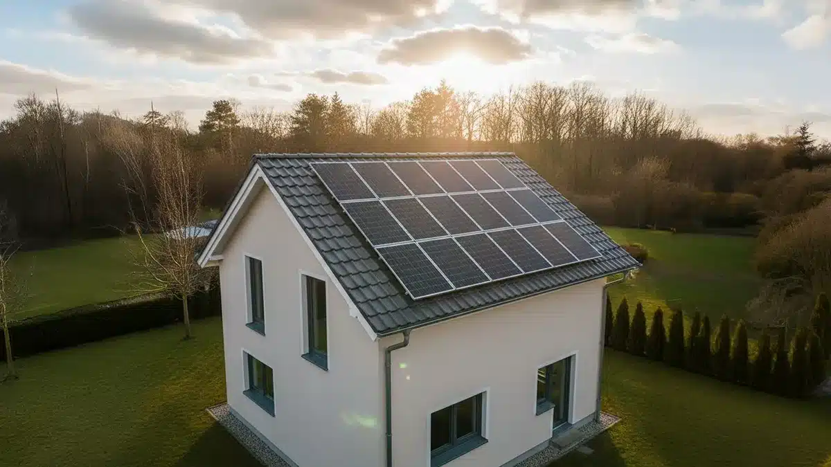 Ein modernes weißes zweistöckiges Haus mit Sonnenkollektoren auf dem Dach, umgeben von einem grasbewachsenen Hof, Bäumen und einem teilweise bewölkten Himmel, durch den das Sonnenlicht scheint.