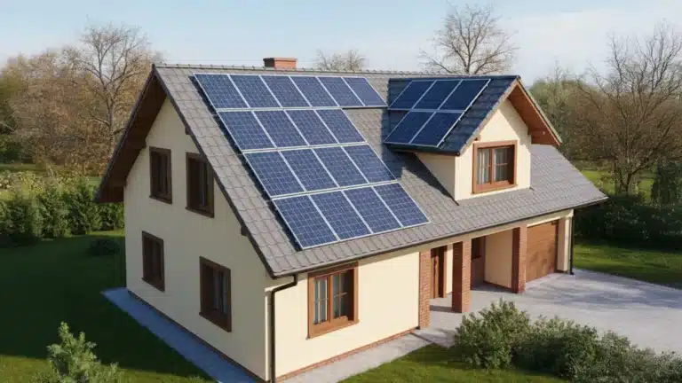 Ein modernes Haus mit beigen Wänden und braunen Verkleidungen, auf dessen grauem Ziegeldach mehrere Sonnenkollektoren installiert sind, umgeben von grünem Gras und Bäumen unter einem klaren Himmel.