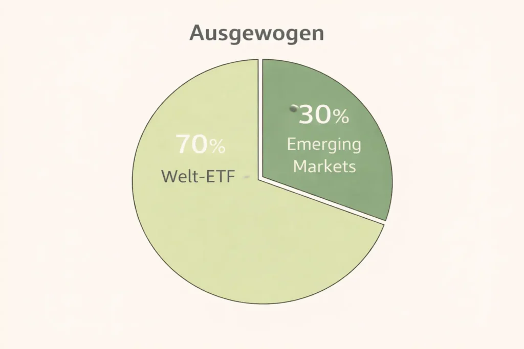 Ein Tortendiagramm mit dem Titel Ausgewogen zeigt, dass 70 % auf Welt-ETF und 30 % auf Schwellenländer entfallen. Das Diagramm ist in zwei grüne Segmente unterteilt, die die Prozentsätze darstellen.