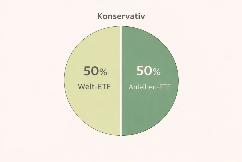 Ein Tortendiagramm mit dem Titel Konservativ zeigt zwei gleiche Hälften: 50% Welt-ETF auf der linken Seite in hellgrün und 50% Anleihen-ETF auf der rechten Seite in dunkelgrün.