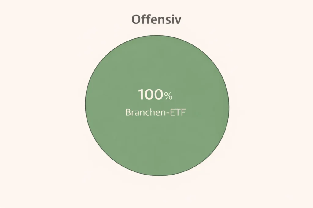 Ein grüner Kreis mit der Aufschrift 100% Branchen-ETF befindet sich mittig unter der Überschrift Offensiv auf hellem Hintergrund und verdeutlicht eine offensive Anlagestrategie, die vollständig auf Branchen-ETFs setzt.
