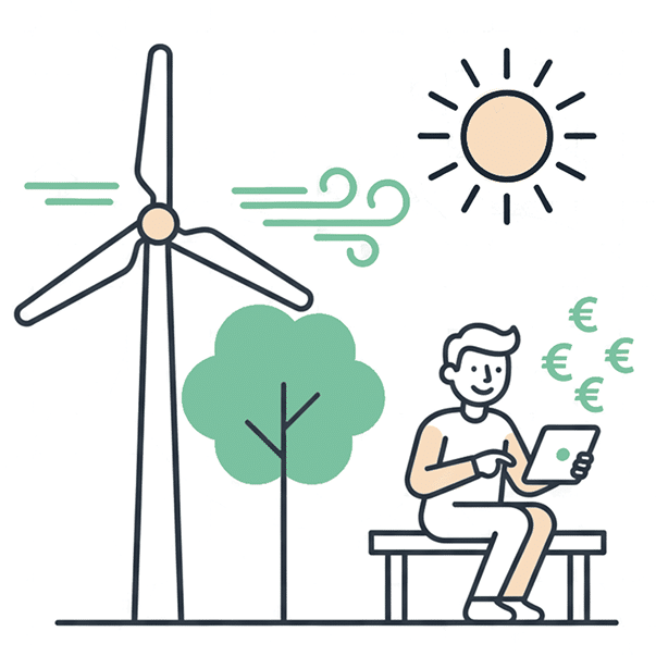 Eine Person sitzt auf einer Bank und benutzt ein Tablet, in dessen Nähe Euro-Symbole schweben. Daneben sind ein Windrad, ein Baum, wehender Wind und eine strahlende Sonne zu sehen, die auf finanzielle Einsparungen durch erneuerbare Energien und grüne Energie hinweisen.