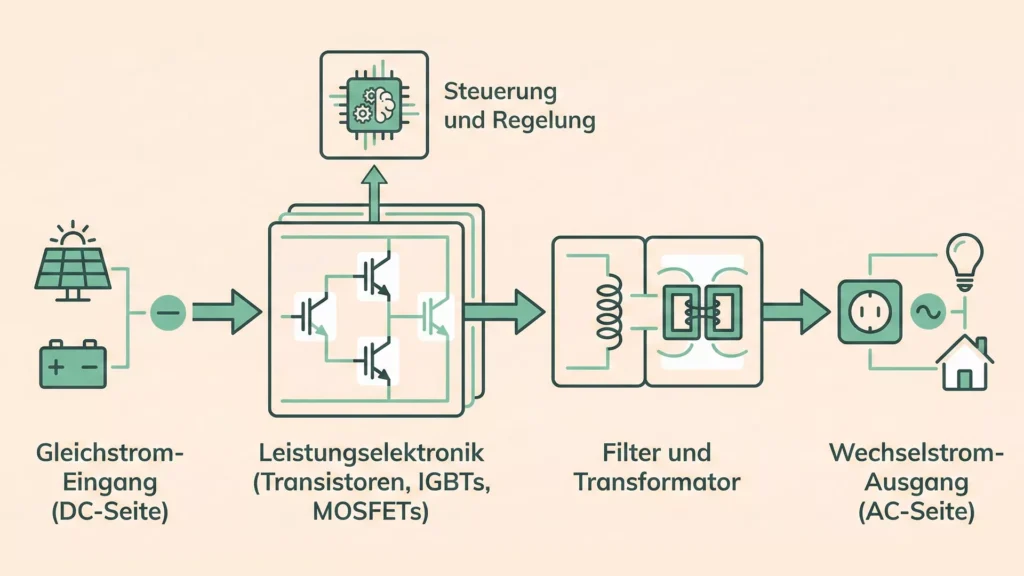 Ein auf Deutsch beschriftetes Diagramm "Wie funktioniert ein Wechselrichter?" zeigt, wie der Gleichstromeingang (Solarenergie) durch Leistungselektronik, Steuersysteme, Filter und einen Transformator geleitet wird, um einen Wechselstromausgang für den Hausgebrauch zu erzeugen.