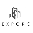 Ein geometrisches, abstraktes Logo über dem Wort EXPORO in fetten Großbuchstaben. Die ineinander greifenden, eckigen Formen ähneln den Umrissen von Gebäuden oder Strukturen in Graustufen und weisen subtil auf Innovationen im Bereich erneuerbare Energien hin.
