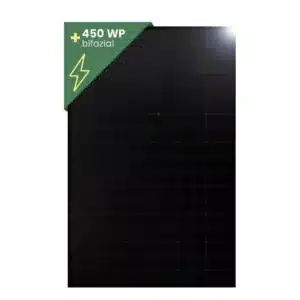 Ein schwarzes Solarmodul mit einem grünen Etikett in der oberen linken Ecke, das +450 WP bifazial anzeigt, und einem gelben Blitzsymbol, das auf hohe Leistung und bifaziale Technologie hinweist.