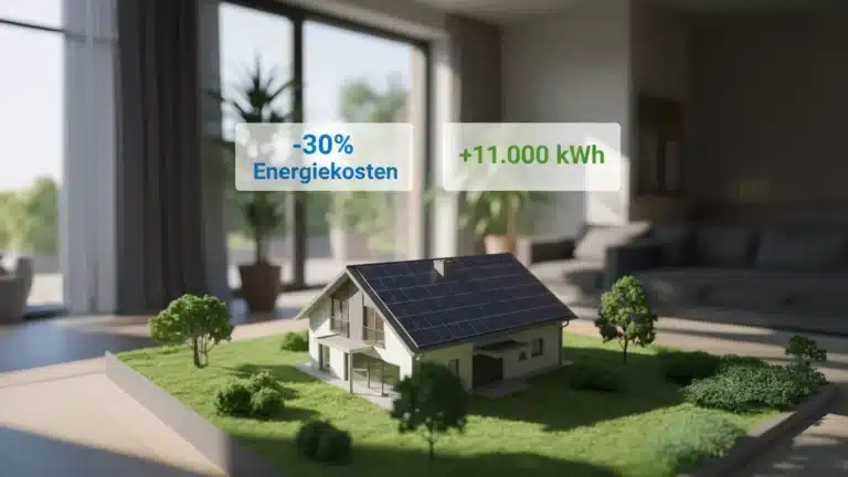 Ein Modell eines modernen Hauses mit Sonnenkollektoren ist in einem Innenraum ausgestellt. Der Text lautet "-30% Energiekosten" und "+11.000 kWh". Sonnenlicht erfüllt das helle Wohnzimmer und unterstreicht die Vorteile, die der Photovoltaik Ertragsrechner zeigt.