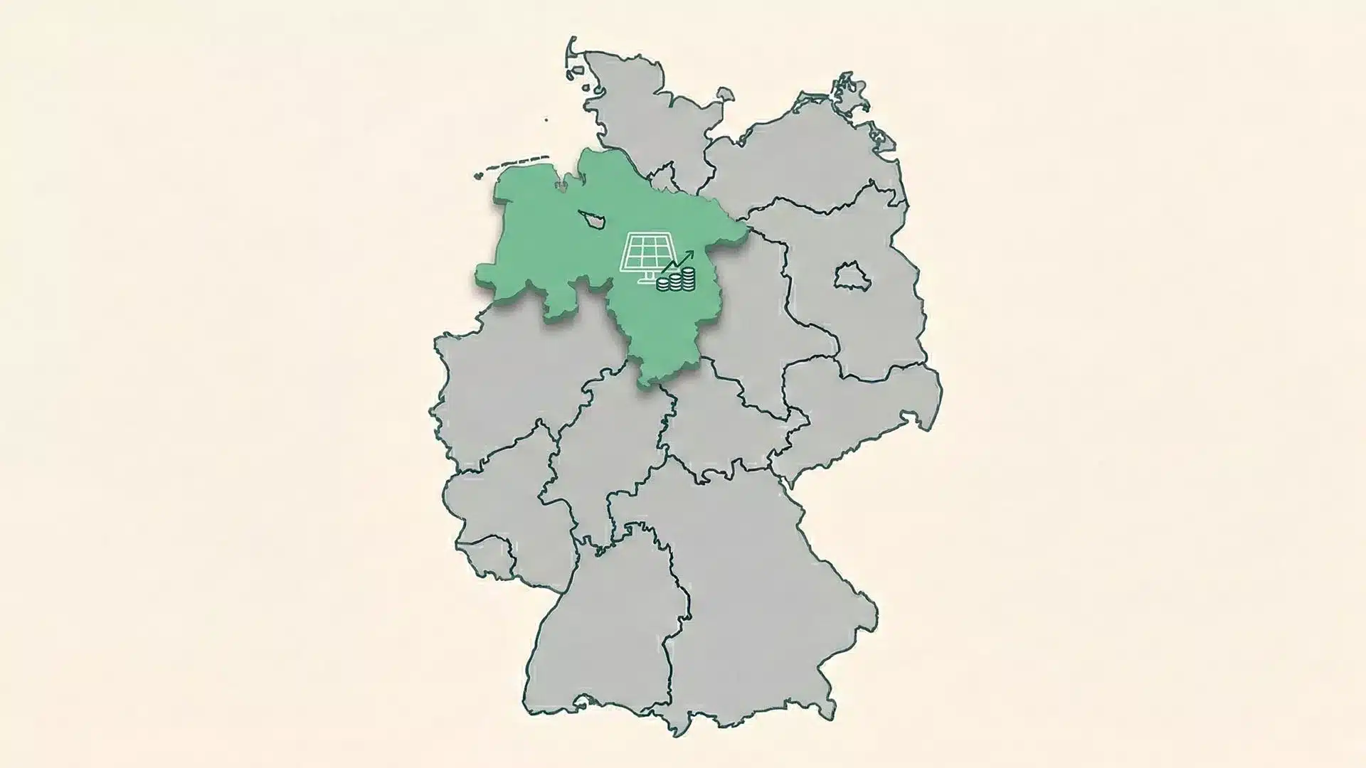 Karte der Bundesrepublik Deutschland, in welcher das Bundesland Niedersachsen hervorgehoben ist. Thema des Beitrags ist die PV Förderung Niedersachsen