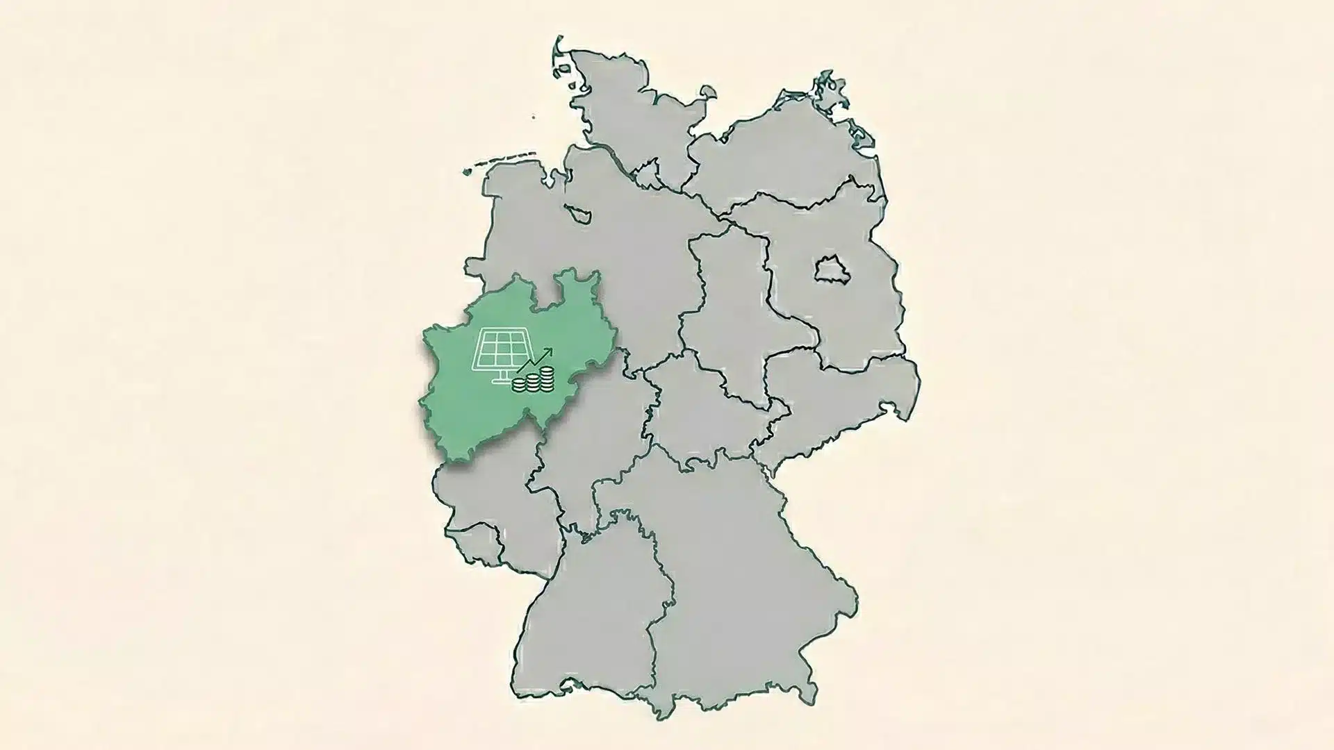 Karte der Bundesrepublik Deutschland, in welcher das Bundesland NRW hervorgehoben ist. Thema des Beitrags ist die PV Förderung NRW