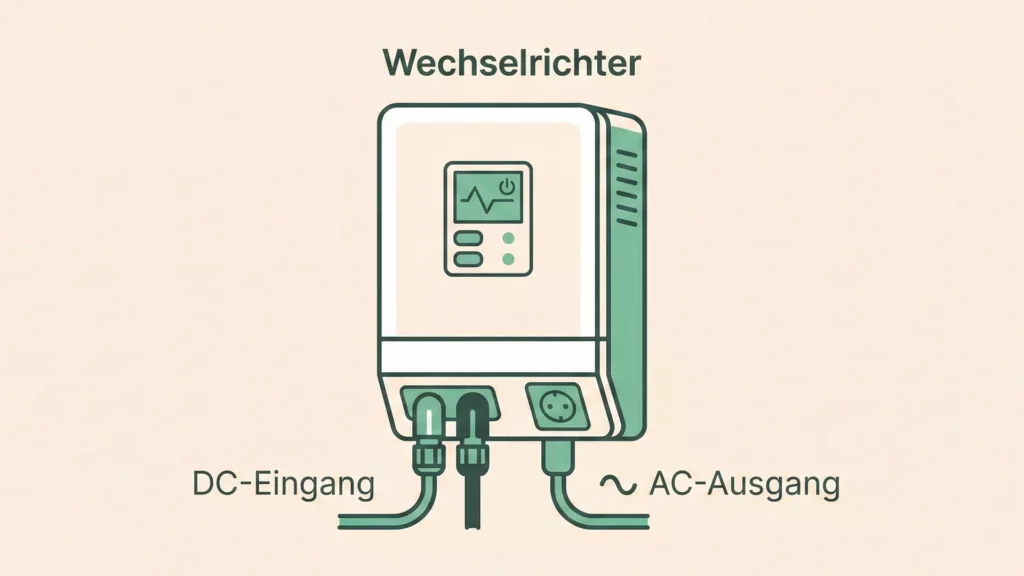 Eine digitale Illustration eines Wechselrichters mit der Bezeichnung "Wechselrichter" veranschaulicht das Konzept "Wie funktioniert ein Wechselrichter": Die Kabel werden an den "DC-Eingang" (links) und den "AC-Ausgang" (rechts) angeschlossen, was die Funktion des Geräts verdeutlicht.