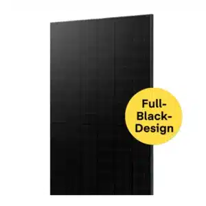 Ein schwarzes Solarpanel mit einem Gittermuster, das aufrecht auf einem weißen Hintergrund steht. Ein gelber Kreis auf der rechten Seite zeigt den Text Full-Black-Design in fetten schwarzen Buchstaben.