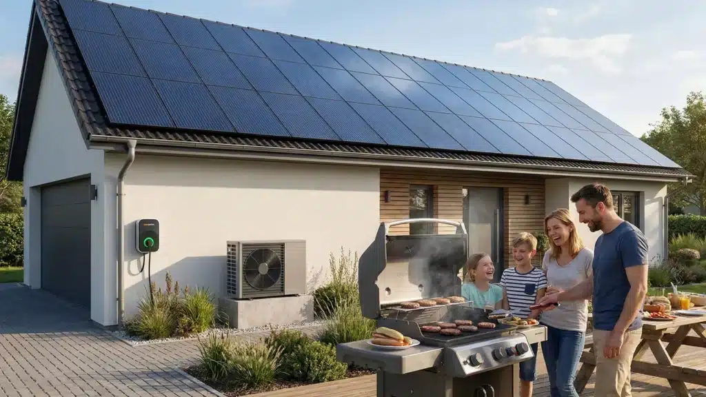 Eine vierköpfige Familie lächelt und grillt ihr Essen auf einer Terrasse neben einem modernen Haus mit Sonnenkollektoren auf dem Dach. Der Hof ist begrünt, und das Wetter ist sonnig.