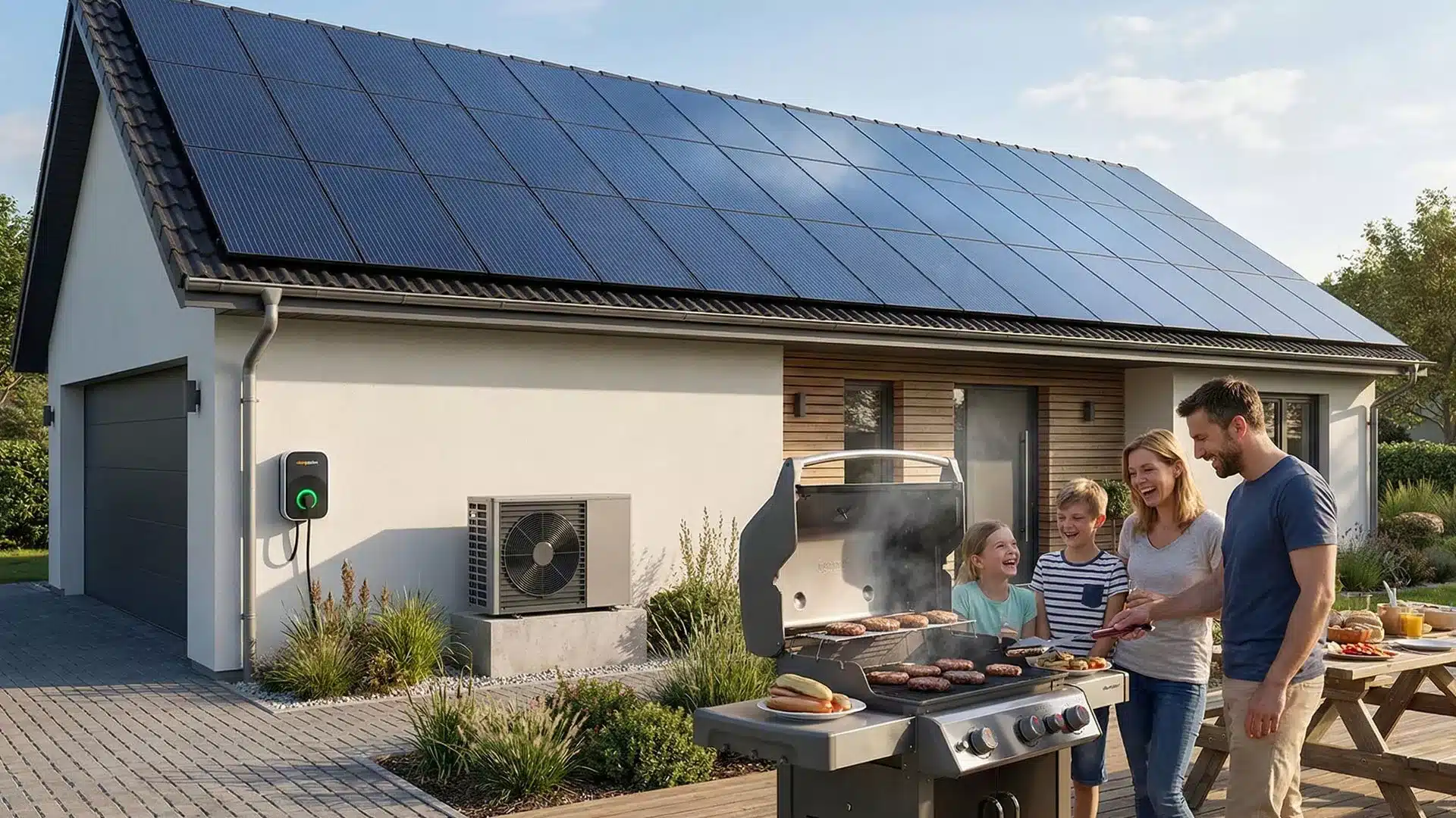 Eine vierköpfige Familie lächelt und grillt ihr Essen auf einer Terrasse neben einem modernen Haus mit Sonnenkollektoren auf dem Dach. Der Hof ist begrünt, und das Wetter ist sonnig.