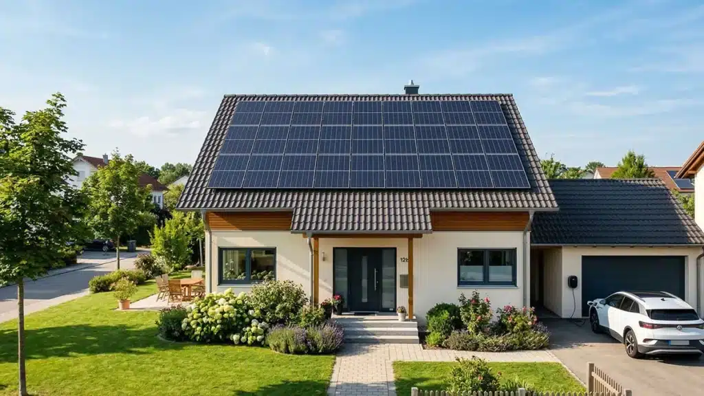 Ein modernes Haus mit dunklem Ziegeldach und einer 20-kWp-PV-Anlage mit Solarzellen, umgeben von einem gepflegten Rasen und Garten. Ein weißes Auto parkt in der Einfahrt neben der Garage unter einem strahlend blauen Himmel.