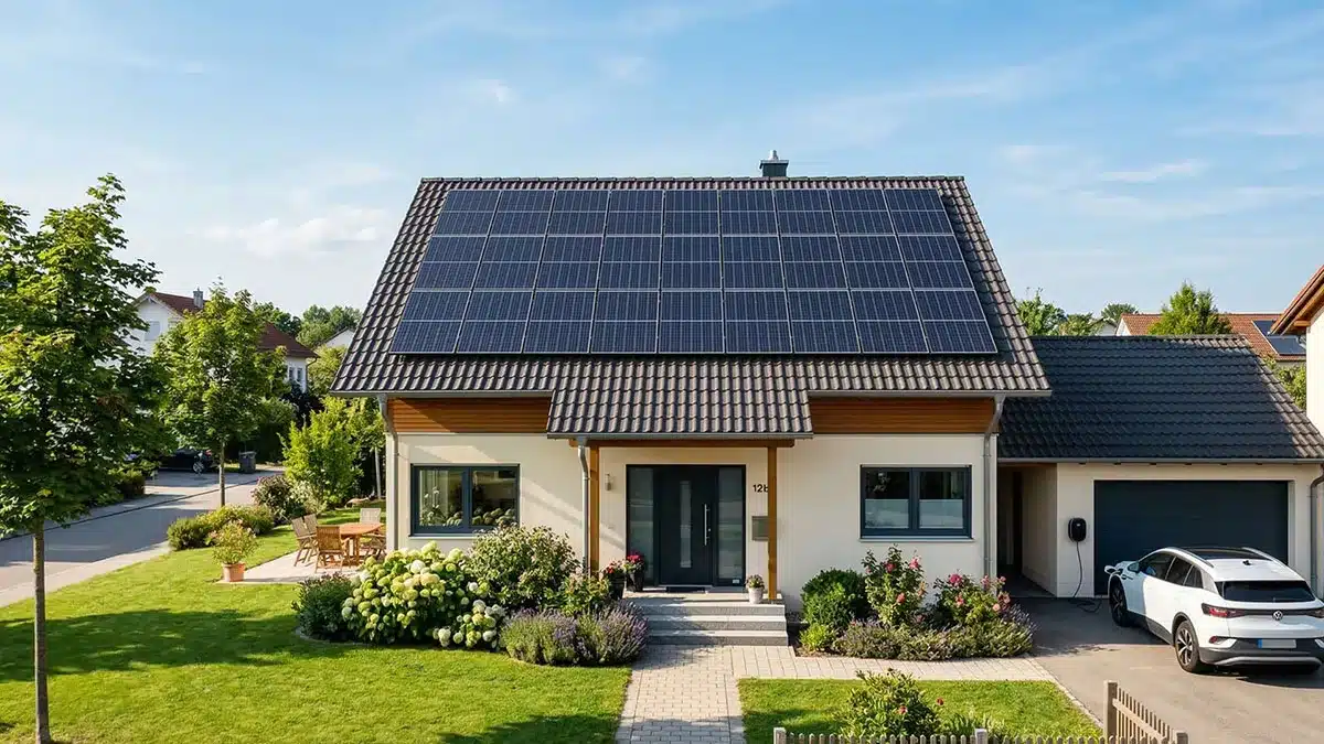 Ein modernes Haus mit dunklem Ziegeldach und einer 20-kWp-PV-Anlage mit Solarzellen, umgeben von einem gepflegten Rasen und Garten. Ein weißes Auto parkt in der Einfahrt neben der Garage unter einem strahlend blauen Himmel.