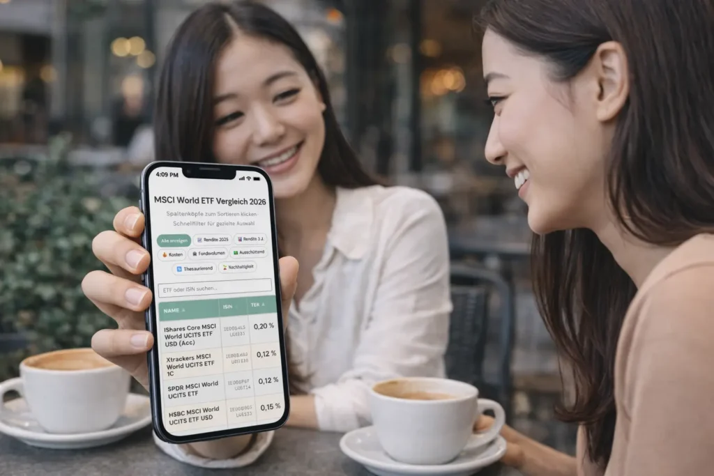Zwei Frauen sitzen an einem Cafétisch im Freien und lächeln, während die eine ihrer Freundin Finanzdaten und den Bester MSCI World ETF auf ihrem Smartphone zeigt, während vor ihnen Tassen mit Kaffee stehen.