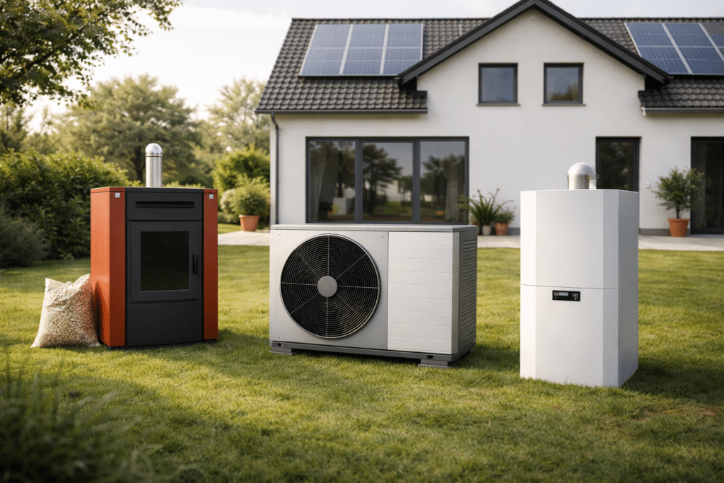 Drei Arten von Heizsystemen - eine Alternative zur Wärmepumpe wie ein Pelletofen, eine Wärmepumpe und ein moderner Heizkessel - stehen auf einer Wiese neben einem Haus mit Sonnenkollektoren auf dem Dach, umgeben von üppigem Grün.