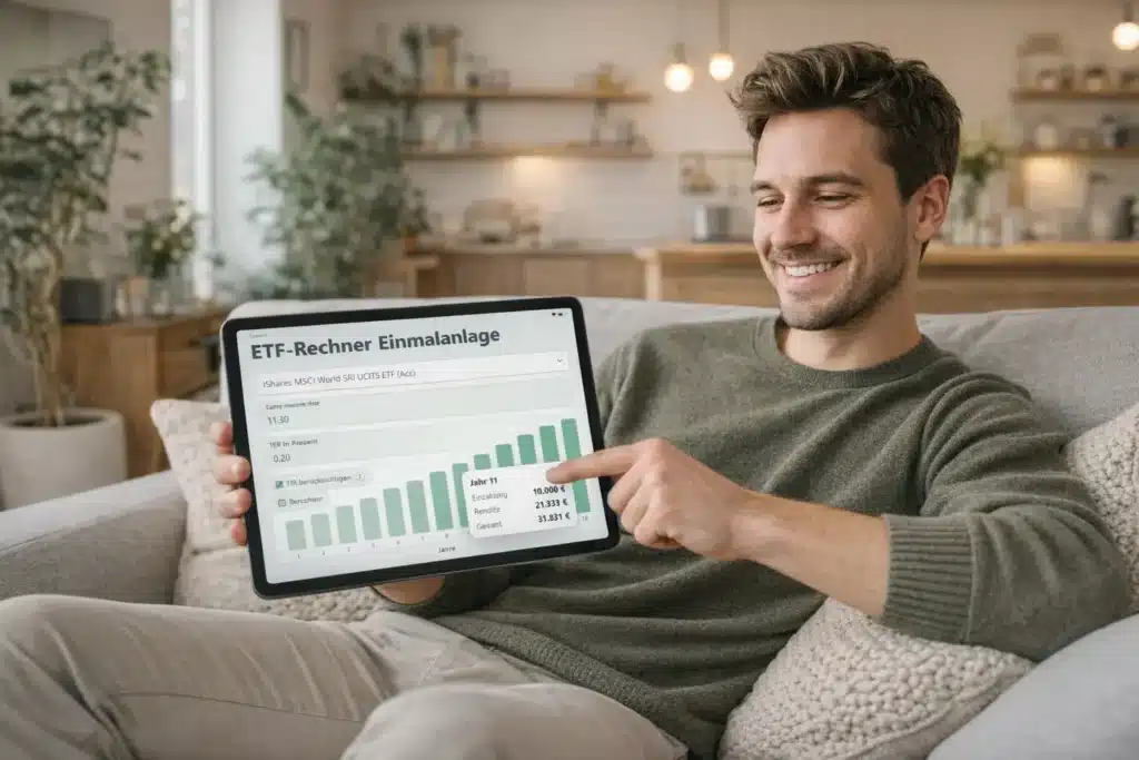 Ein lächelnder Mann sitzt auf einer Couch und hält ein Tablet in der Hand, auf dem das Balkendiagramm "ETF Rechner Einmalanlage" und Finanzdaten in deutscher Sprache angezeigt werden. Er zeigt auf den Bildschirm und ist sichtlich zufrieden mit seinen Anlageergebnissen.