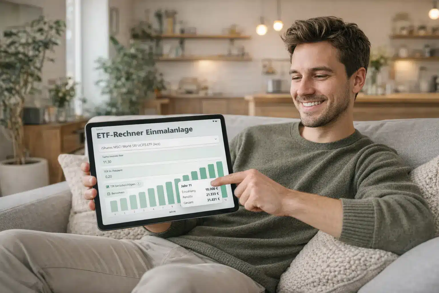 Ein lächelnder Mann sitzt auf einer Couch und hält ein Tablet in der Hand, auf dem das Balkendiagramm "ETF Rechner Einmalanlage" und Finanzdaten in deutscher Sprache angezeigt werden. Er zeigt auf den Bildschirm und ist sichtlich zufrieden mit seinen Anlageergebnissen.