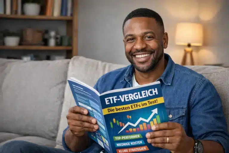 Ein lächelnder Mann sitzt auf einer Couch und liest eine deutsche Zeitschrift mit dem Titel ETF-Vergleich, auf deren Titelseite bunte Diagramme abgebildet sind. Ein Bücherregal und eine Lampe verleihen dem sanft beleuchteten Hintergrund eine warme Atmosphäre.