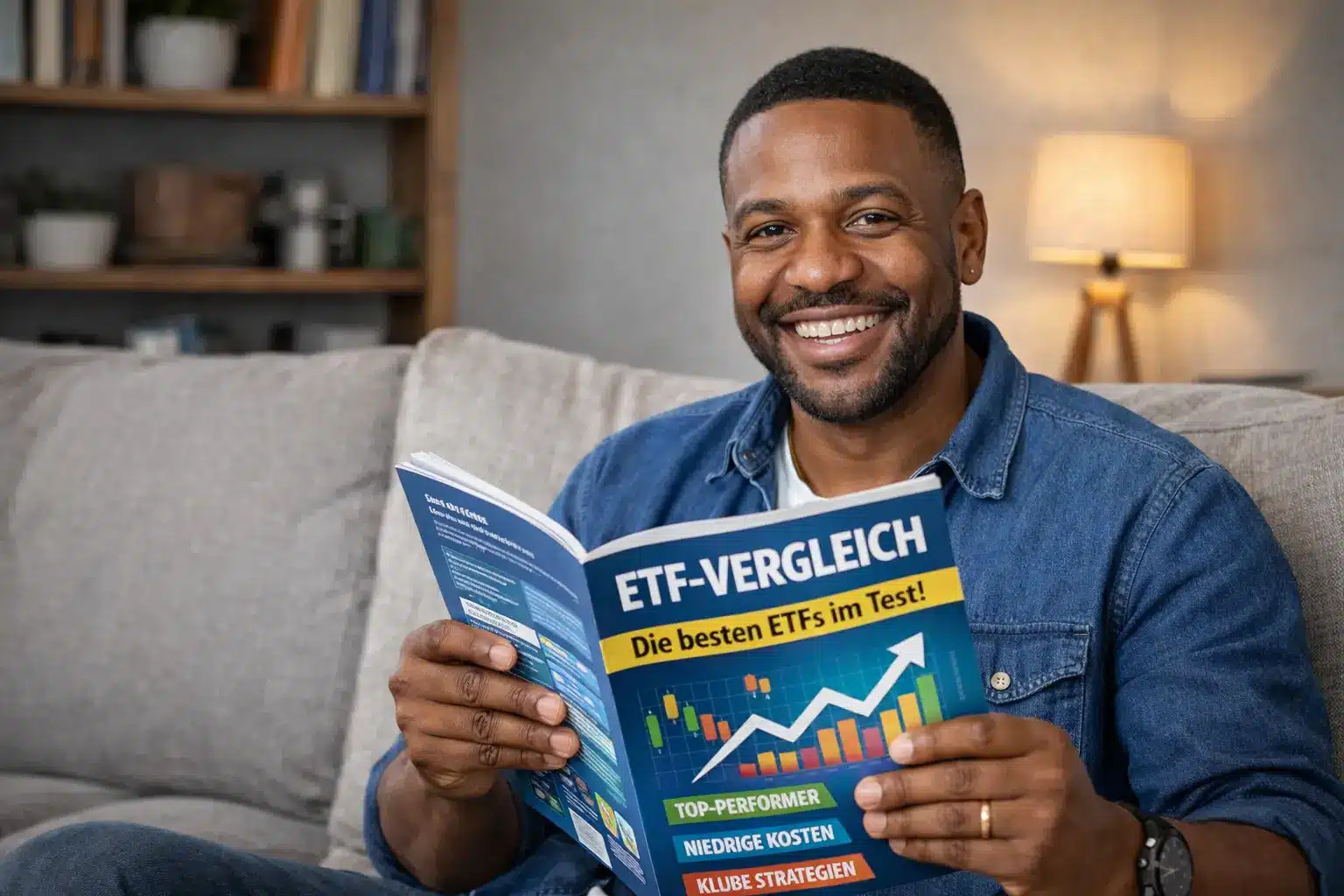 Ein lächelnder Mann sitzt auf einer Couch und liest eine deutsche Zeitschrift mit dem Titel ETF-Vergleich, auf deren Titelseite bunte Diagramme abgebildet sind. Ein Bücherregal und eine Lampe verleihen dem sanft beleuchteten Hintergrund eine warme Atmosphäre.