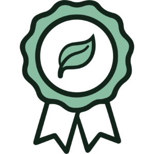 Ein grünes Auszeichnungsband mit zwei Schwänzen und einem einfachen Blattsymbol in der Mitte, das Umweltfreundlichkeit oder eine umweltfreundliche Leistung symbolisiert.