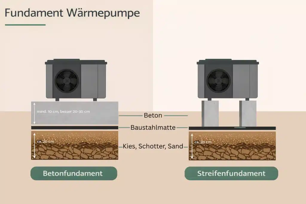 Diagramm zum Vergleich zweier Arten von Fundament-Wärmepumpen: links eine massive Betonplatte (Betonfundament) und rechts ein Streifenfundament aus Beton, beide über Bodenschichten mit Kies, Sand und Bewehrungsmatten dargestellt.