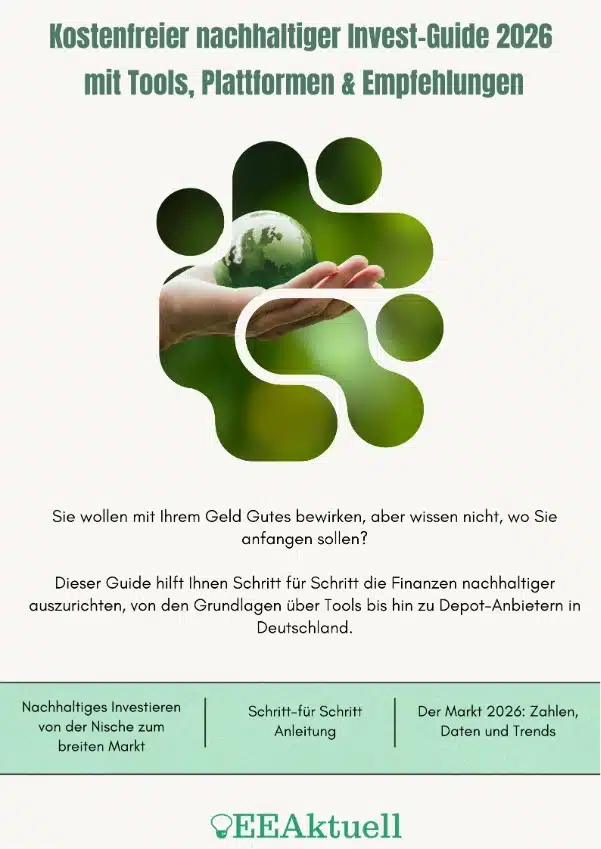 Eine grüne und weiße abstrakte Grafik, die einem Blatt mit kreisförmigen Knoten ähnelt. Der deutsche Text präsentiert den kostenlosen Nachhaltigen Invest-Guide 2026, der Tools, Plattformen, Markttrends und einen Schritt-für-Schritt-Investitionsleitfaden umfasst.