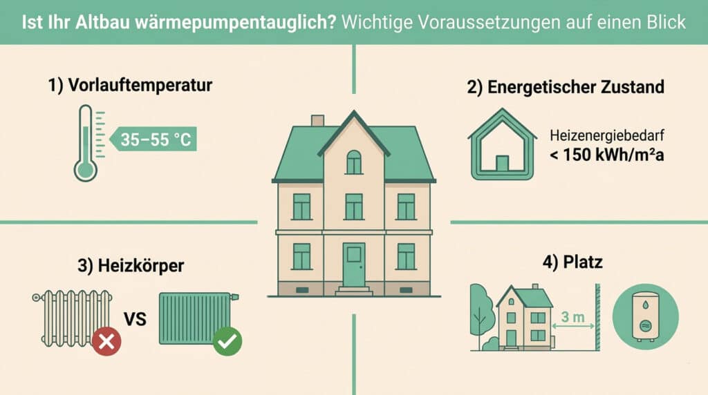 Infografik zur Eignung der Wärmepumpe im Altbau: 1) Vorlauftemperatur 35-55°C, 2) Energiebedarf unter 150 kWh/m², 3) geeignete Heizkörper und 4) ausreichend Platz im Freien für die Installation.