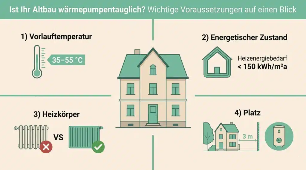 Infografik mit einem Haus in der Mitte und vier Voraussetzungen für eine Wärmepumpe im Altbau: Vorlauftemperatur, energetischer Zustand, geeigneter Heizkörper und ausreichend Platz.
