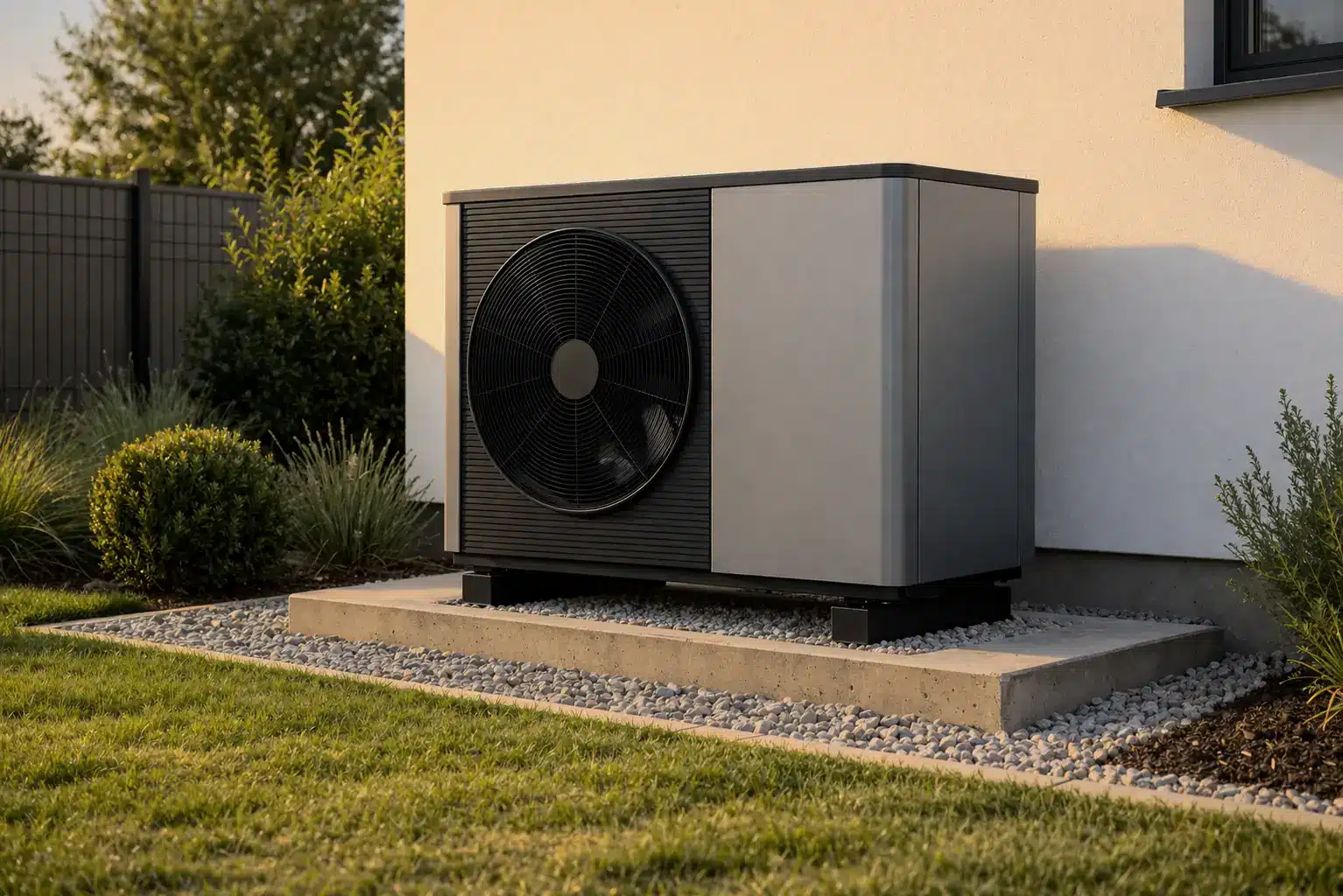 Ein modernes Wärmepumpengerät steht auf einem robusten Fundament Wärmepumpe neben einer Hauswand, umgeben von gepflegtem Rasen, Sträuchern und Dekosteinen.
