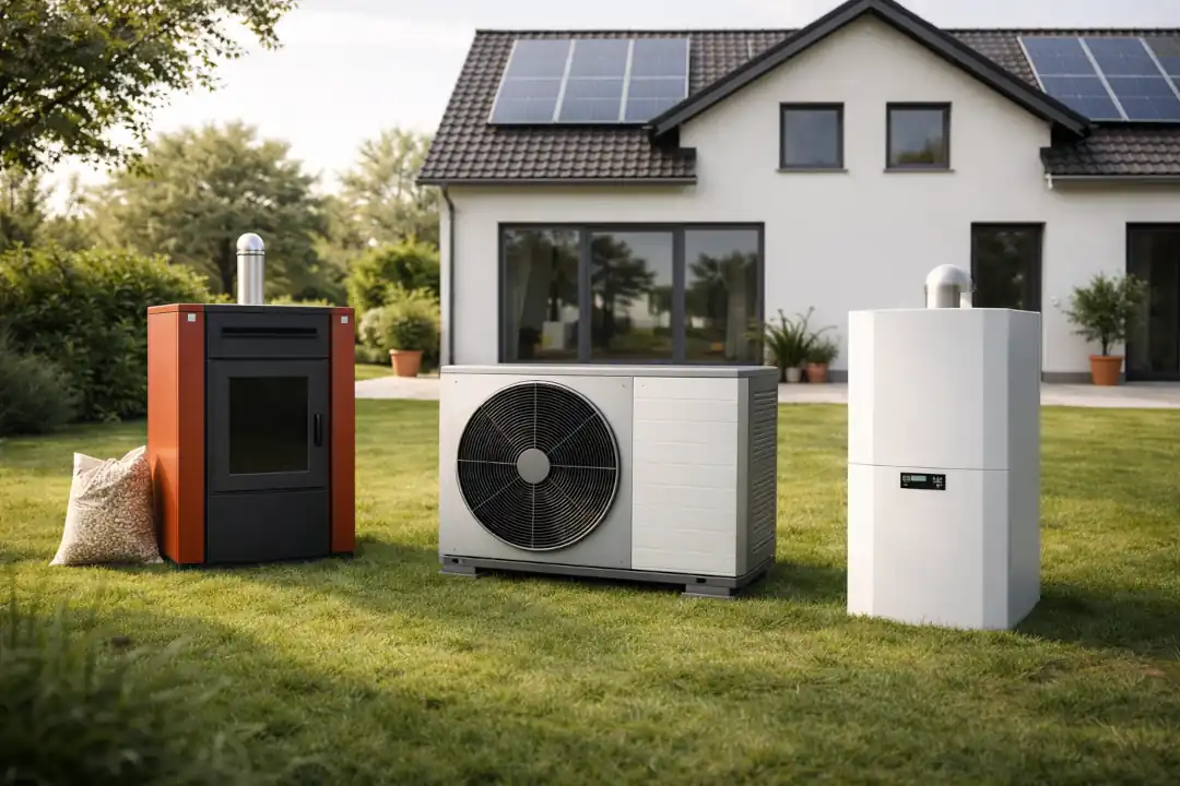 Auf einer grünen Wiese vor einem modernen Haus mit Sonnenkollektoren sind drei Arten von Heizsystemen ausgestellt: ein Pelletofen (als Alternative zur Wärmepumpe), eine Wärmepumpe und ein weißer Heizkessel. Neben dem Ofen steht ein Sack mit Pellets.