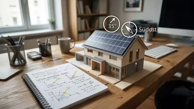 Ein Modellhaus mit Sonnenkollektoren auf dem Dach steht auf einem Schreibtisch mit Notizbüchern und Kaffeetassen. Ein Diagramm zeigt einen Winkel von 35° und das Wort "Südost" für die Ausrichtung der Sonnenkollektoren.