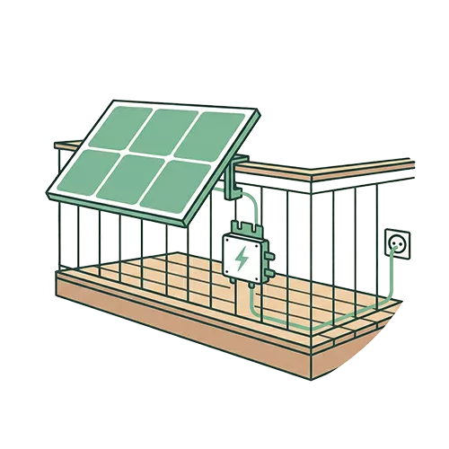 Eine Illustration eines Vogelkäfigs mit einem Solarmodul auf der Oberseite, das mit einem elektrischen Gerät im Käfig verbunden ist, wobei das Stromkabel in eine Steckdose eingesteckt wird - ideal, um zu zeigen, wie ein Balkonkraftwerk-Rechner den Energieverbrauch zu Hause visualisiert.