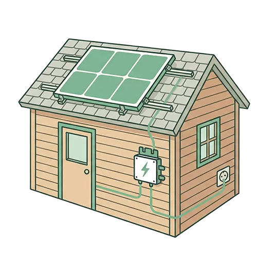 Illustration eines kleinen Hauses mit Sonnenkollektoren auf dem Dach, die über Drähte mit einem Stromkasten und einer Steckdose verbunden sind und die Stromversorgung durch Sonnenenergie darstellen - ideal für die Visualisierung von Installationen mit einem Balkonkraftwerk-Rechner.